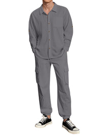 Long Sleeve Lapel Linen Shirt Overalls Suit