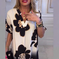 European And American-style Printed V-neck Short-sleeve Loose Casual Dress Womens Clothing