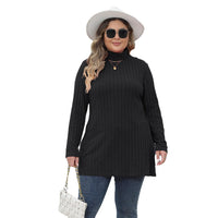 Women's Plus Size Turtleneck Slim Fit Striped Slit Mid-length Top