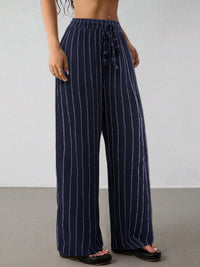 Women's Casual Striped Drawstring Elastic Waist Contrasting Color Wide Leg Pants