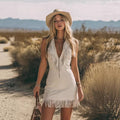 V-neck Zip-front Tasseled Faux Suede Mini Dress