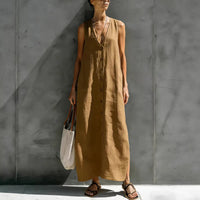 Womens Simple Cotton-Linen V-Neck Buttoned Sleeveless Loose Long Dress