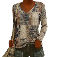 Fashionable Ethnic-Style Printed V-Neck Long-Sleeve T-Shirt