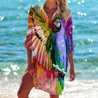3D Casual Women's Clothing Bird-and-flower Painting Printed Beach Vacation Blouse