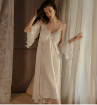 Long Embroidery Slip Nightdress Outerwear Gown Pajamas Suit