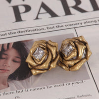 Gold Three-dimensional Camellia Flower Diamond Stud Earrings