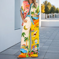Womens Fashion Printed Color-block Top And Pants Set