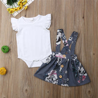 Summer Girls' Solid Color Flounced Sleeve Romper Floral Suspender Skirt Two-piece Set