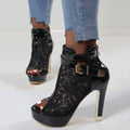Lace-Trimmed Buckle Fish-mouth Chunky Heel Sandals Womens