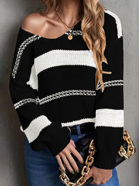 V-collar Contrast Color Striped Knitted Pullover Sweater