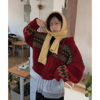 European Style Contrast Color Fair Island Jacquard Loose-fitting Long Sleeve Hoodie Sweater Coat