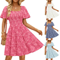Short-sleeve Square-neck Flowy Floral Dress