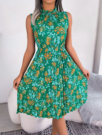 Women  Elegant Ruffle Trim Floral Print Tie Waist Pleated Dress