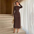 Elegant Lace Ruffle Crew-Neck Solid Color Dress
