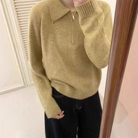 Lapel Half Zipper Solid Color Sweater For Women Loose Pullover