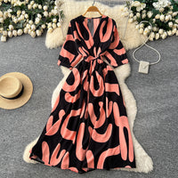 Lantern-sleeve Tie-Dye Printed Dress Womens SpringSummer High-End Defined-Waist Flared Maxi Dress
