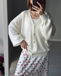Soft Mohair V-neck Elegant Lazy Style Shell Buckle Lantern Sleeve Sweater