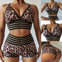 Leopard print high waist five-row fish silk European and American ladies split swimsuit