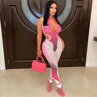 Hollow Printed Jumpsuit Mesh Stitching Casual Trousers Suit