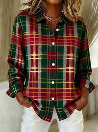 Womens Plaid Loose-Fit Retro Long-Sleeve Shirt Top