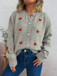 Cute Strawberry Jacquard Knitted Cardigan Round Neck Long Sleeve Sweater