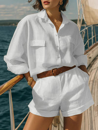 Cotton-linen Loose-fit Button-down Shirt And Shorts Fashion Casual Set