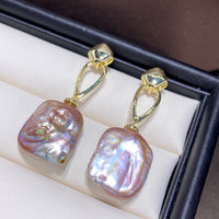 Colorful French Retro Natural Square Baroque Shaped Pearl Stud Earrings