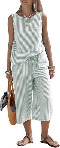 Womens Two-Piece Striped Sleeveless Top And Cropped Wide-Leg Pants Set