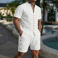 Stand-collar Solid-color Short-sleeve Shirt Set