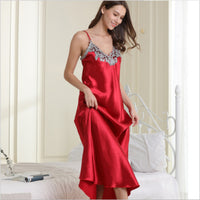 Imitated Silk Lace Sexy V-neck Long Slip Nightdress Pajamas Homewear