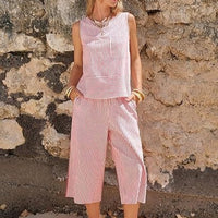 Womens Two-Piece Striped Sleeveless Top And Cropped Wide-Leg Pants Set