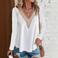Lace-trimmed Patchwork V-Neck Plus-Size Long-Sleeve T-Shirt