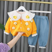 Doll Collar Top Cardigan Three Piece Set For Children