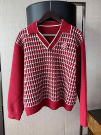 Stitching Contrast Color V-neck Houndstooth Sweater Loose