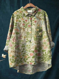 Lapel Long Sleeve Shirt Vintage Floral Flower T-shirt Shirt