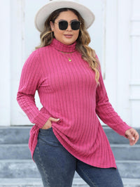 Women's Plus Size Turtleneck Slim Fit Striped Slit Mid-length Top
