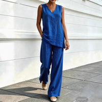 Womens V-neck Sleeveless Cotton-Linen Top And Wide-Leg Pants Set