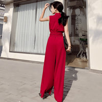 V-neck bow tie wide leg jumpsuit