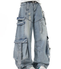 American Heavyweight Deconstructed Ribbon Cargo Jeans For Men And Women