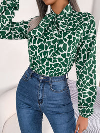 Women's Elegant Color Block Tie Waist Lantern Sleeve Chiffon Top