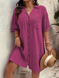 Loose-fitting Casual Cotton-linen Dress With A Turn-down Collar And Three-quarter-length Sleeves