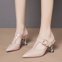 Summer Fashion Pointed-toe Slip-on High Heel Large Size Belt Pearl Round Buckle Sandals