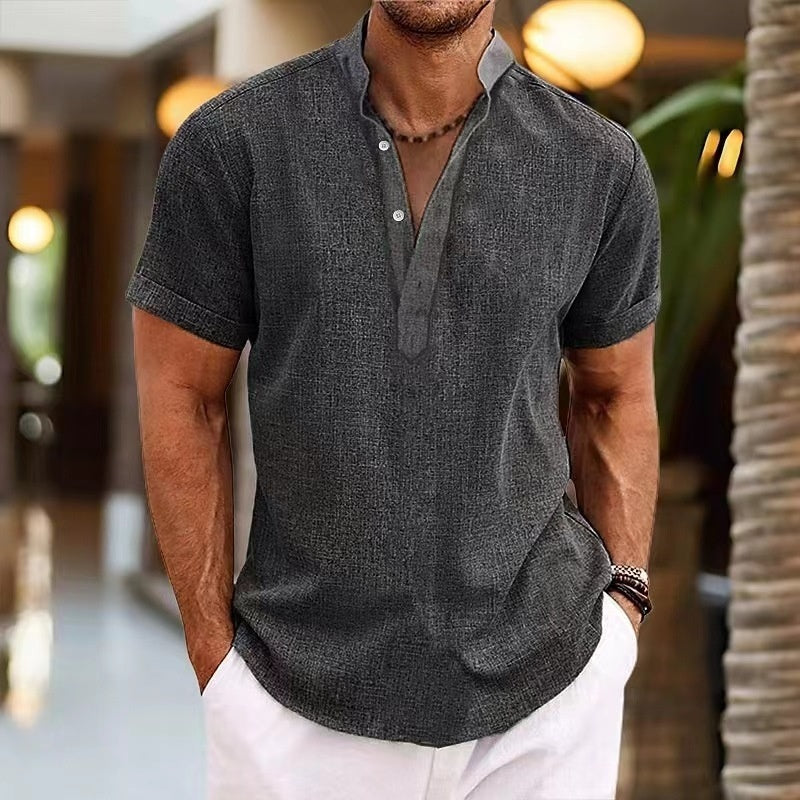 Summer Men's Retro Short Sleeve Stand Collar Top