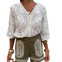 Fashion Sweet V-neck Single Breasted Loose T-shirt