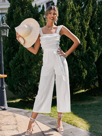 Solid Color Ruffled Shoulder Strap Jumpsuit