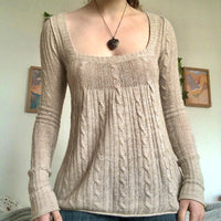 Retro Low Collar Square Collar Twisted Khaki Sweater