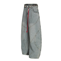 Retro Patchwork Waist Chain Washed Machete Jeans For Men And Women