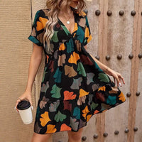 Floral Moms Figure-flattering Dress With A V-neck For Outerwear