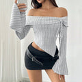 Women's Off-neck T-shirt Bell Sleeve Short Midriff-baring Top