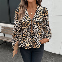 Leopard Print Chest Lace-up Doll Collar Blouse